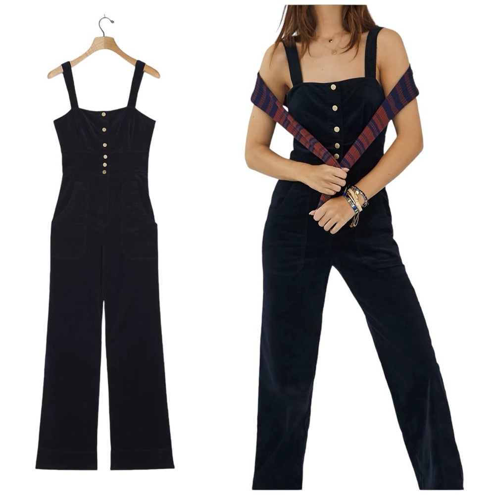 Anthropologie Joanie Corduroy Dungarees Jumpsuit Overalls Navy Blue Women SZ 4